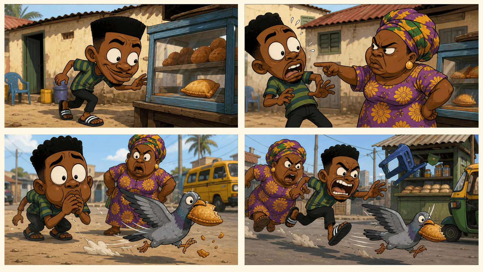 Pigeon wahala at the roadside kiosk